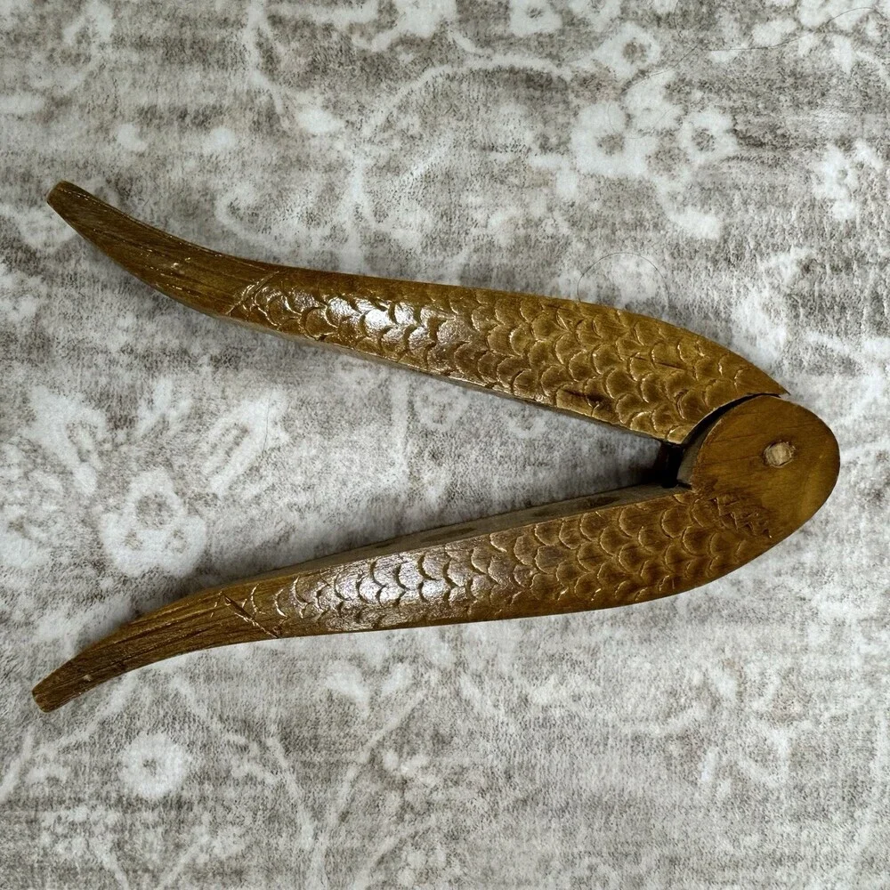 Vintage 1970s Carved Wood Fish Shape Double Nut Cracker 8
